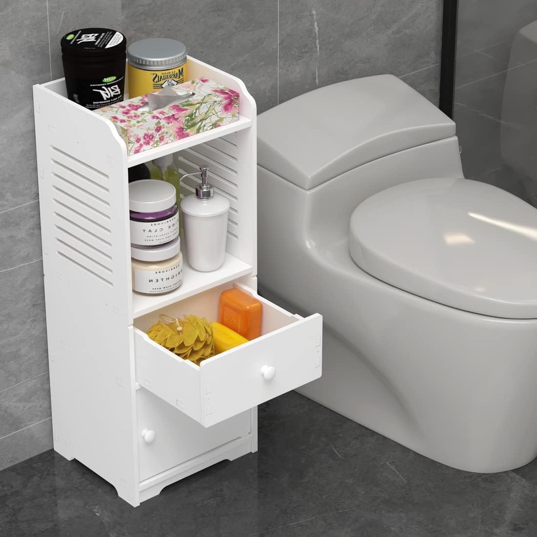 Rerii White Freestanding Bathroom Storage Cabinet with Drawer and Door