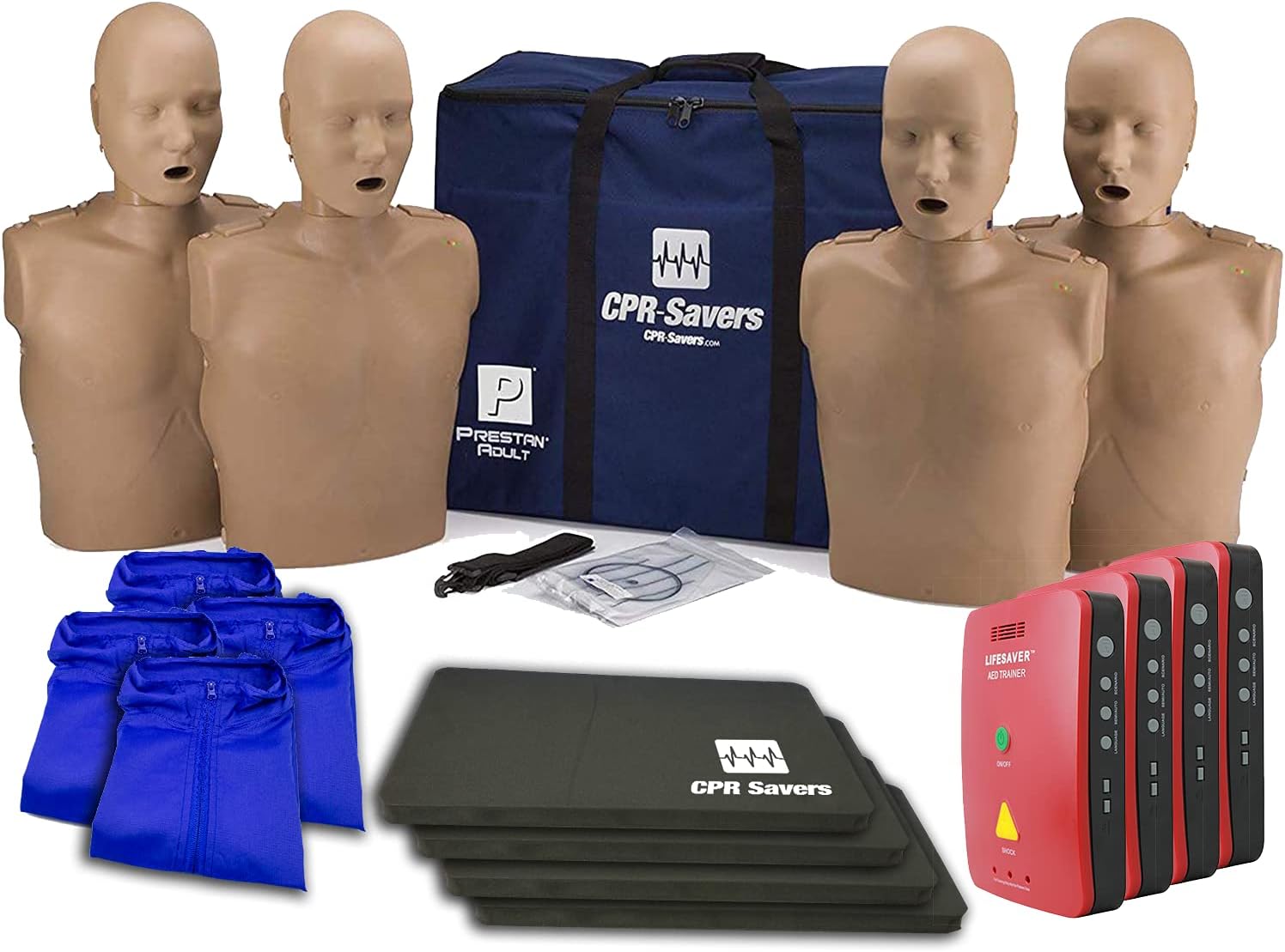 CPR Savers Training Adult 4 Pack with 4 PRESTAN Professional Dark Skin Adult Manikins, 4 Lifesaver AED Trainers, Vests and Knee Pads