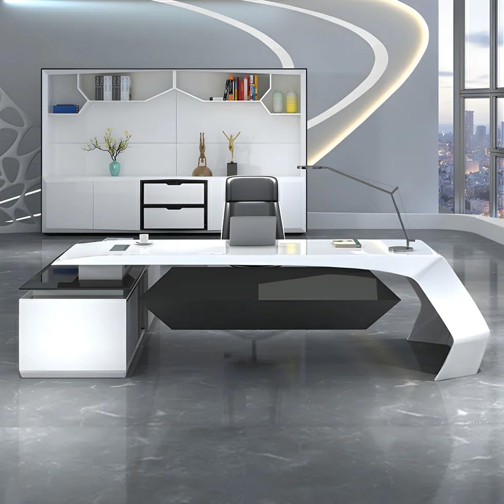 Image of Lakdi The Furniture Co Director & Executive L-Shape Office Table Luxury Desk Made in MDF with Side Unit Drawer and Storage Wire Manager & CPU Storage - White - LDL-619