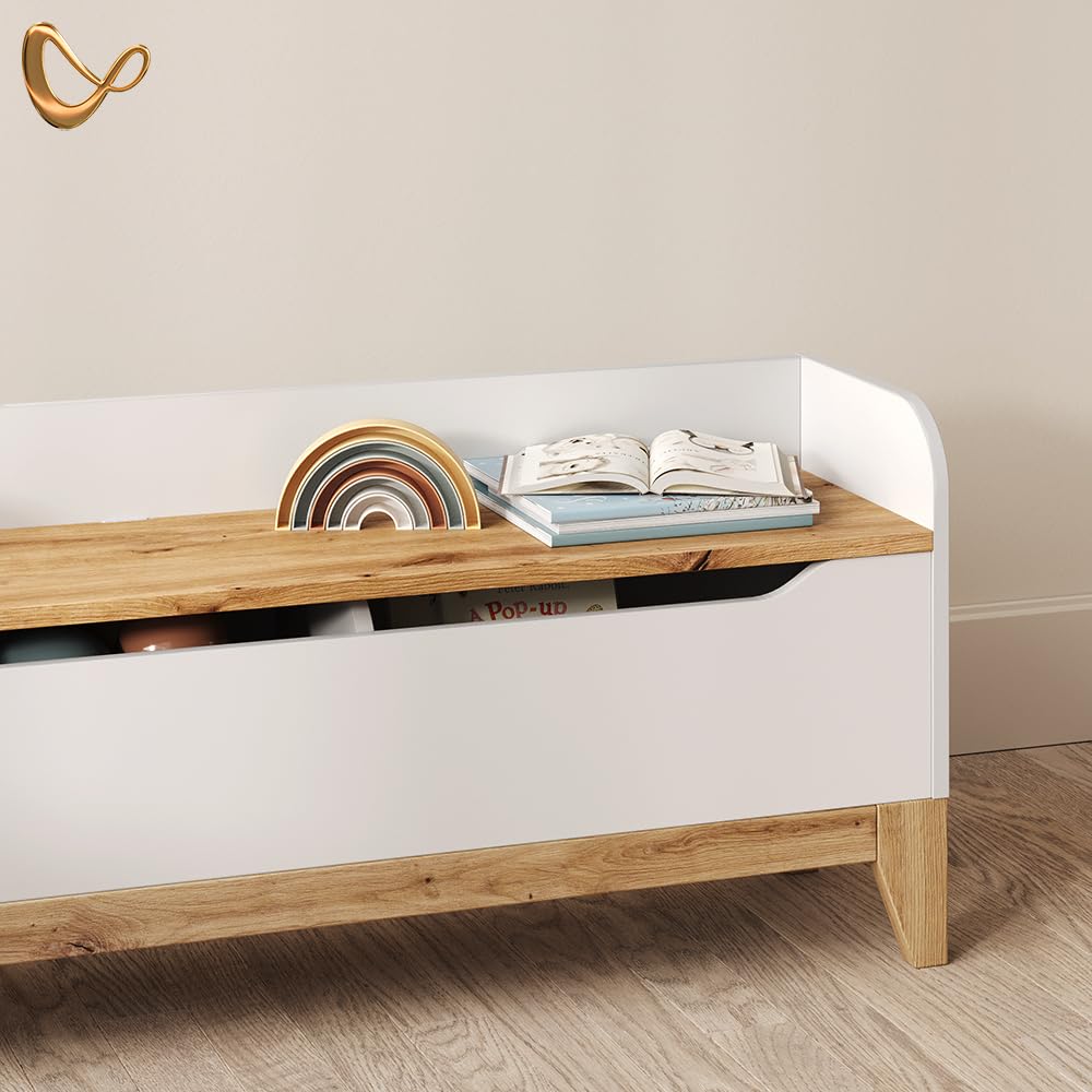 Livinity Spielzeugtruhe Mailo, Weiß/Artisan, 107.2 x 50 cm mit Sitzbank