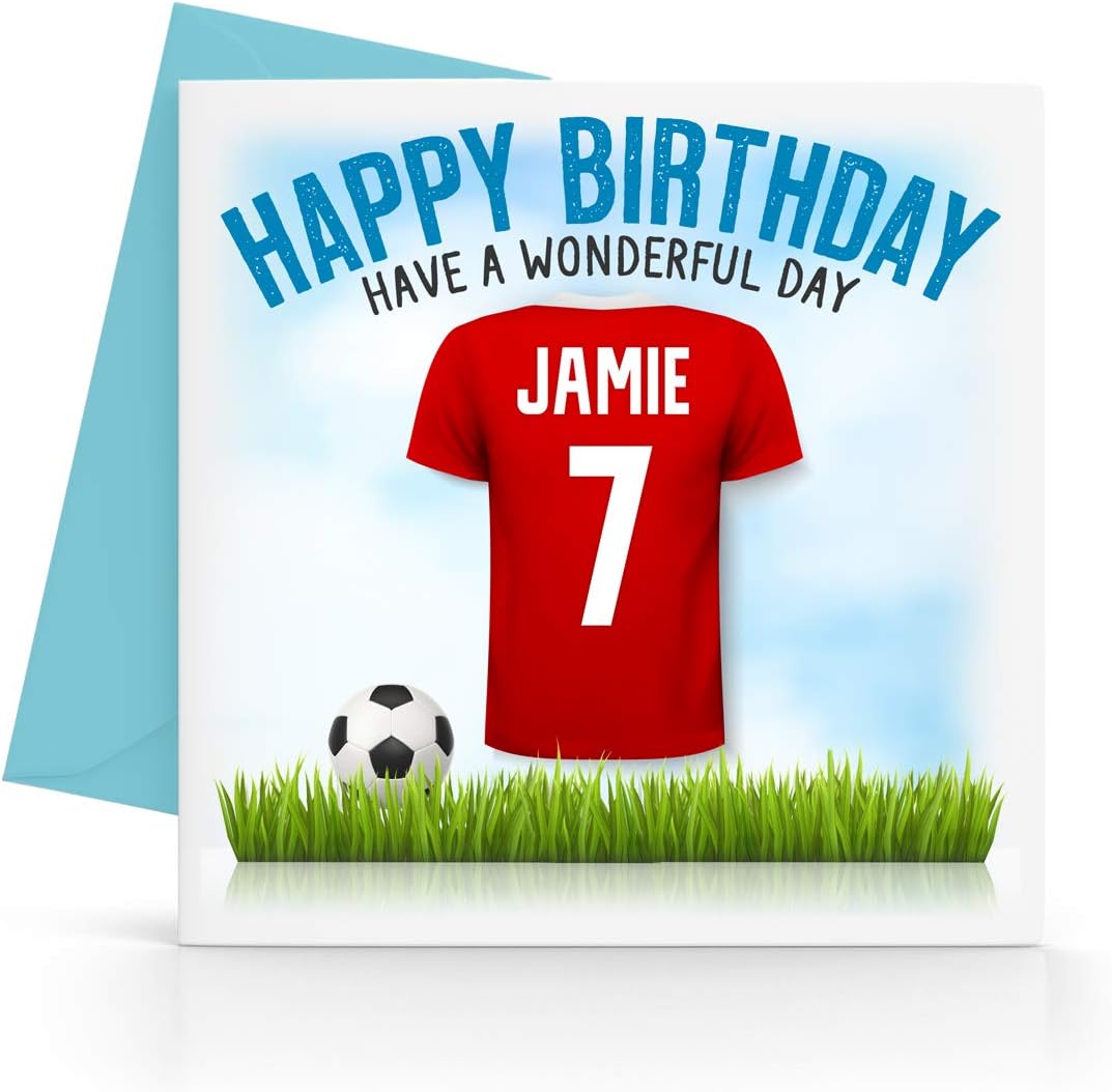 Personalised Boys Red Football Top Birthday Card Any Age, Relative & Message