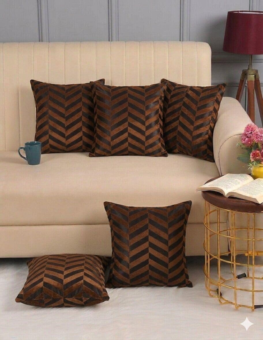 TEXIVA Soft Velvet Cushion Cover Set for Sofa, Pack of 5 Decorative Pillow Covers with Zipper Closure, 16x16 Inches – Dark Brown Chevron Design-image-0