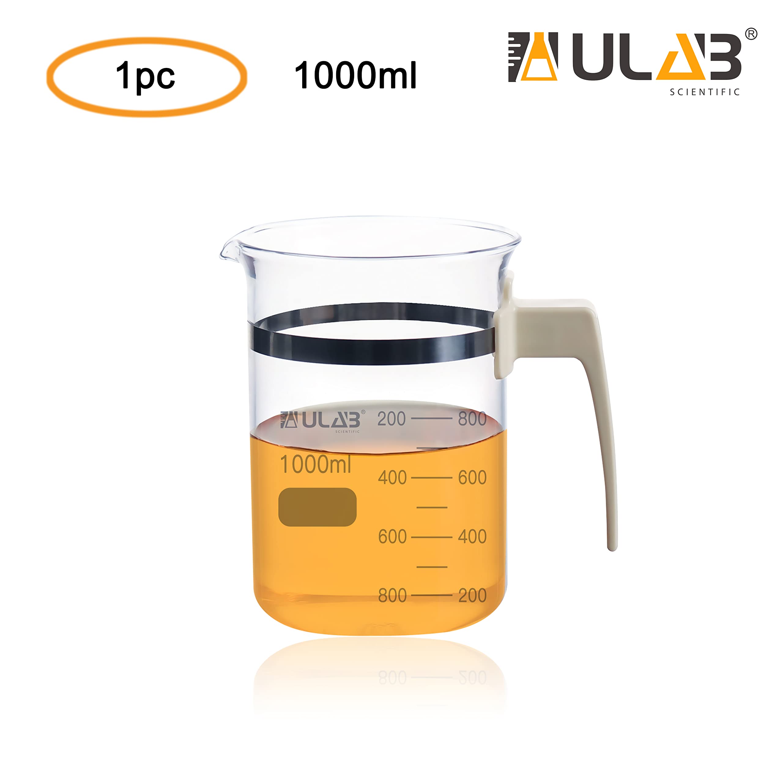 ULAB Glass Beaker with Handle, Vol. 1000ml, 3.3 Borosilicate Griffin Low Form with Printed Graduation, Double Scale, UBG1051