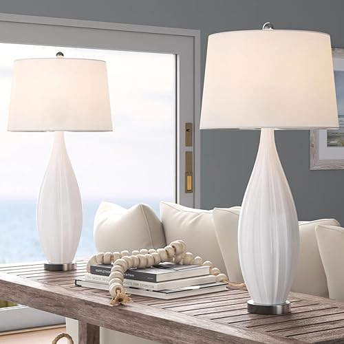 Miniatura 7 de Maxax Juego de 2 lámparas de mesa de cerámica de 31 pulgadas de alto, grandes lámparas blancas para mesita de noche con pantalla blanca, lámparas de