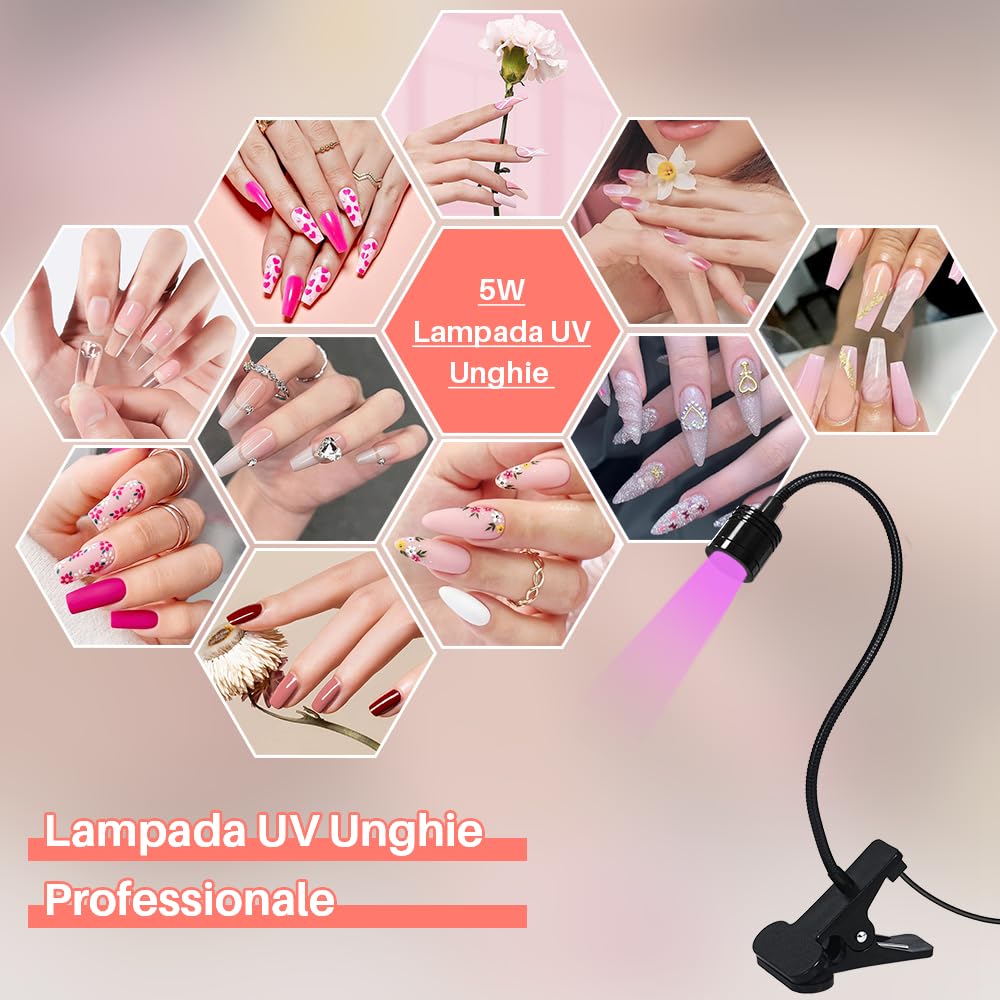Lampada Unghie LED UV Professionale,5W Lampada a LED UV per Manicure,Mini Lampada UV professionale per Asciugatura Unghie a Clip,Lampada UV per Colla,Unghie Finte,Gel Ricostruzione Unghie