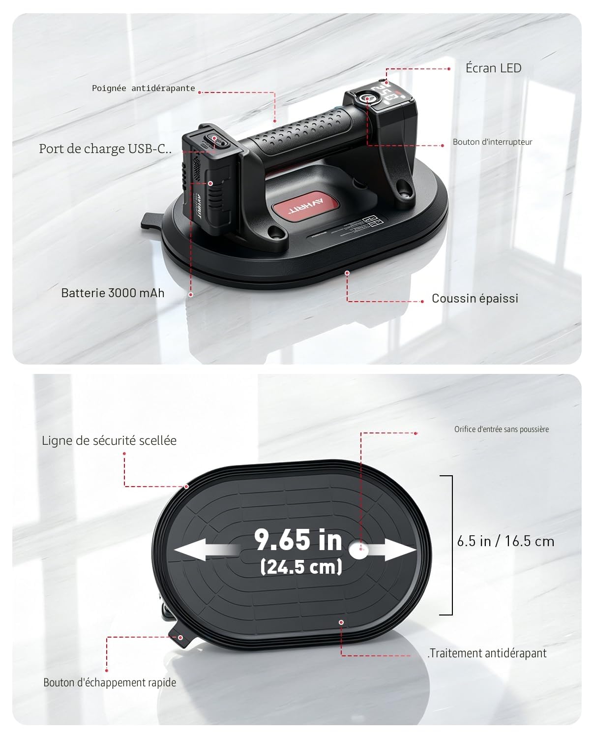 Ventouse Carrelage Electrique, 2x Ventouse Vitre Ø245 mm avec 4x Batteries 3000mAh, Charge Max 250KG, Écran LCD, Outil de Levage pour Verre, Pierre & Métal