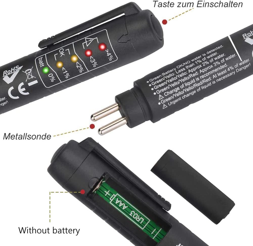 KARELLS Tester Liquido Freni, Tester Olio Freni, Tester Fluido Freni, Penna Tester Liquido Freni, Universale Tester Liquido Freni, con 5 LED Indicatore,Strumento Test per Auto per DOT3,DOT4,DOT5