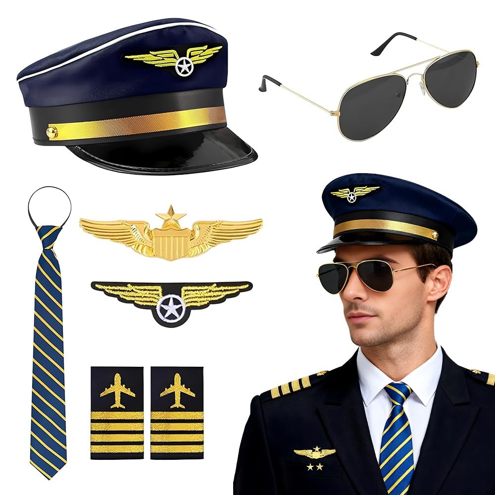 XEERUN 7PCS Pilot Costume Accessories Set, Airline Pilot Captain Hat Costume Accessories Set