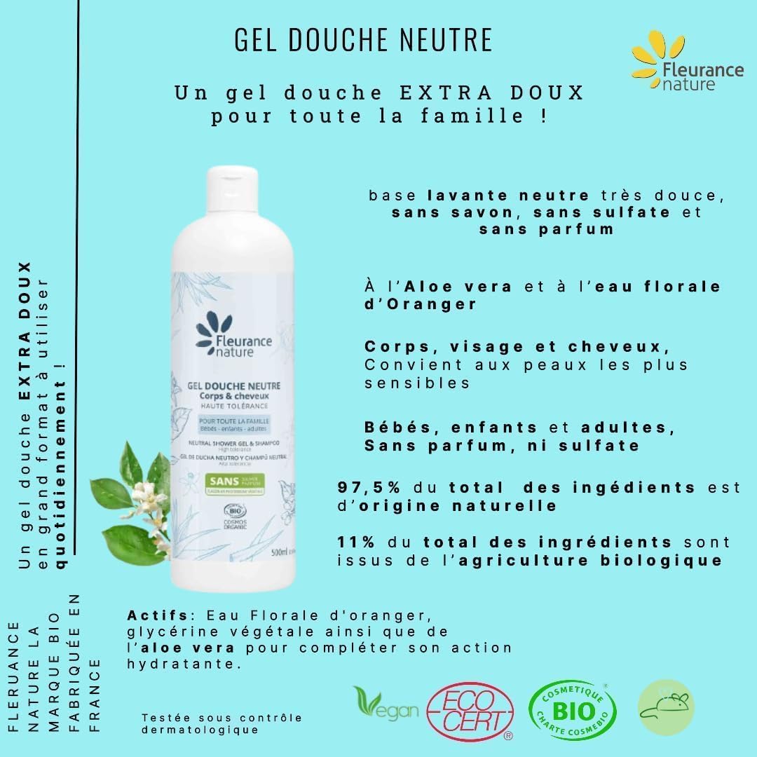 Fleurance Nature- Gel douche Neutre-Certifié Bio Cosmos Ecocert- 500m-(Lot de 3) ph neutre, sans savons- sans parfums- extra doux- pour peau sensible et atopique- pour adulte, enfant et bébé- 23143