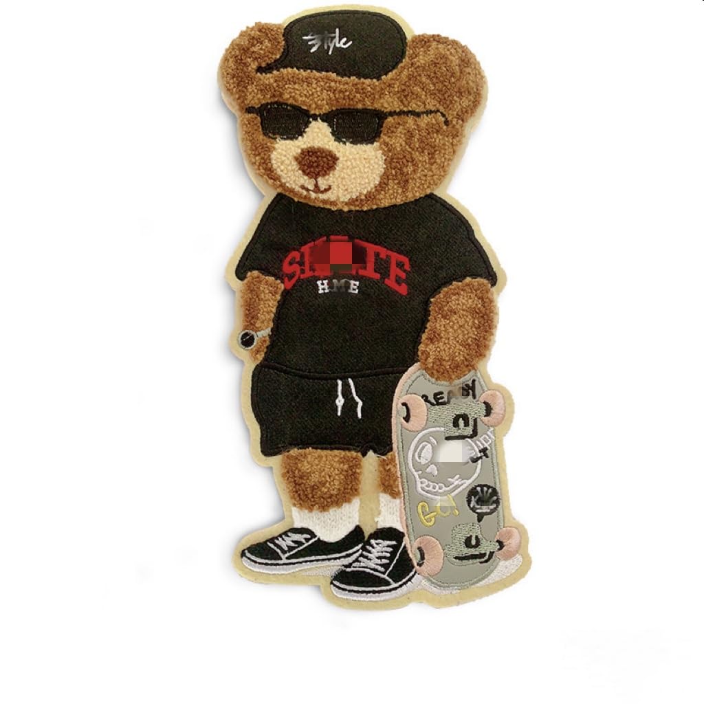JRYYR 28cm*14cm Skateboard Teddy Bear Patch,Applique Cartoon, Bear Chenille Patch Applique,for Clothing, Sweater, Home Textile, sew on Patches for