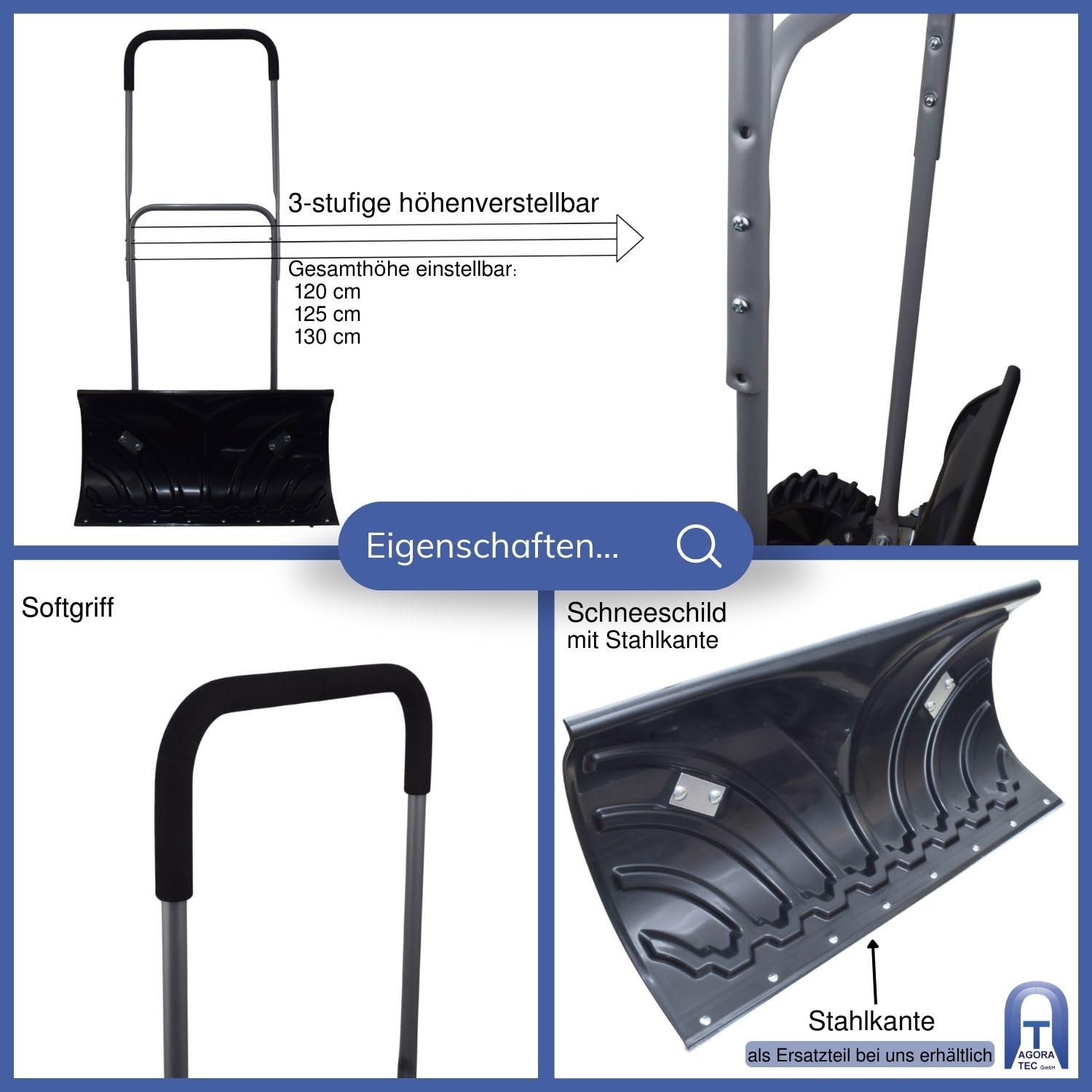 Agora Tec Mobile Pelle chasse-neige amovible en acier avec revêtement en plastique, roulettes et pelle extra-large 66 cm