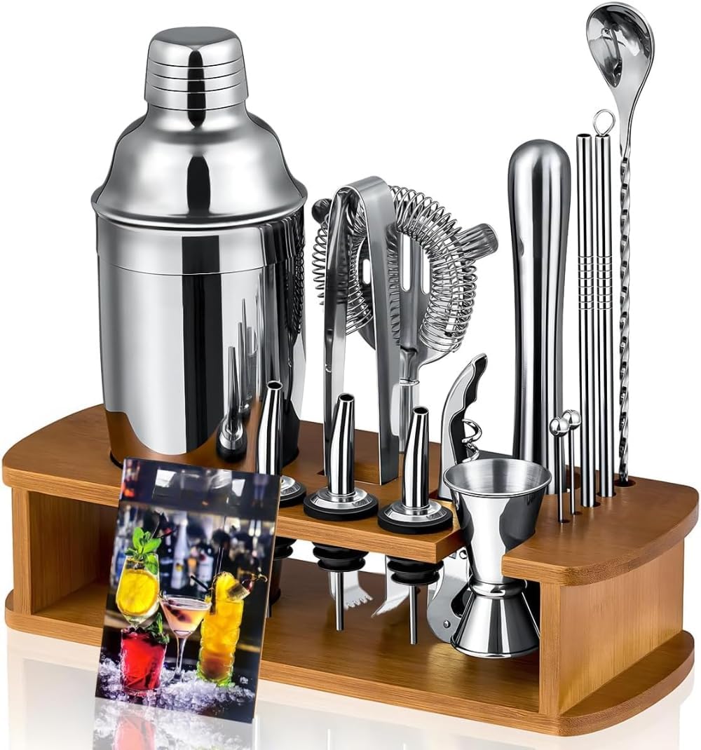 カクテルミキサーセット 竹製スタンド付き 350ml ステンレススチール製プロ仕様バーツール 15ピース ホームカクテルセット (シ