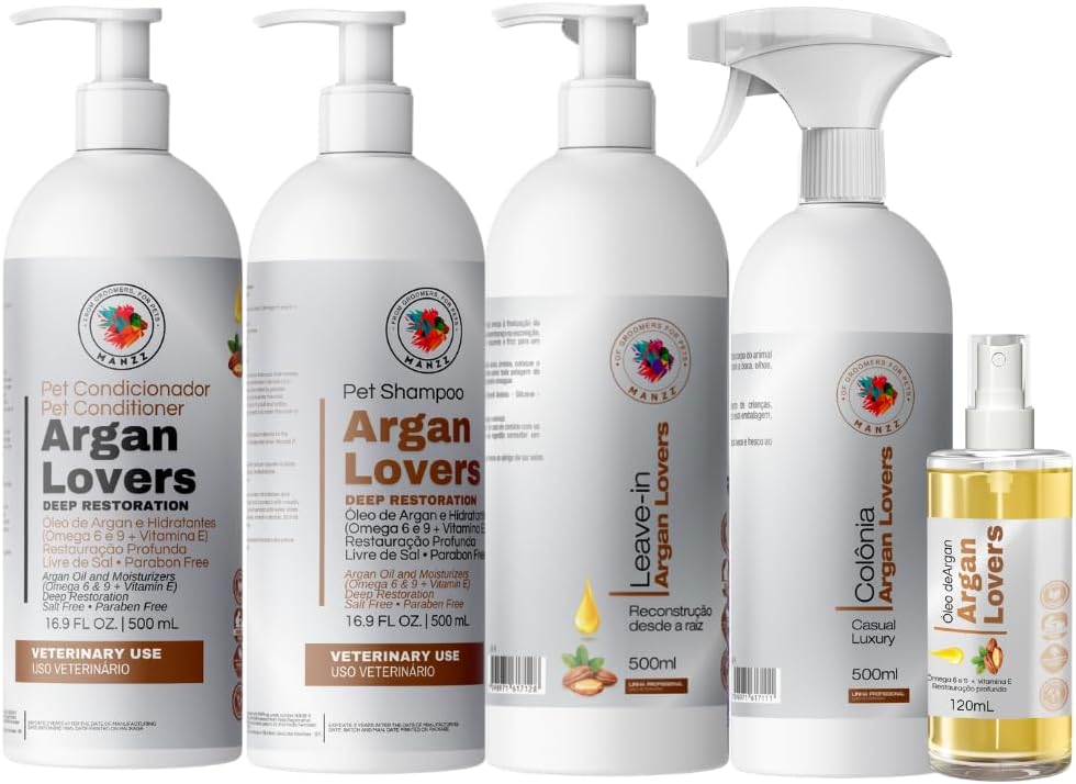 MANZZ Argan Lovers Full Grooming Kit for Dogs & Cats – Shampoo, Conditioner, Leave-in, Cologne & Argan Oil – Complete Hydration & Shine System