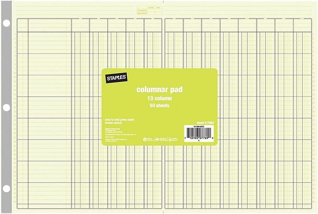 Staples 13 Columns Columnar Book, 16.31"W x 11"H, Green (ST18868) 1-Count