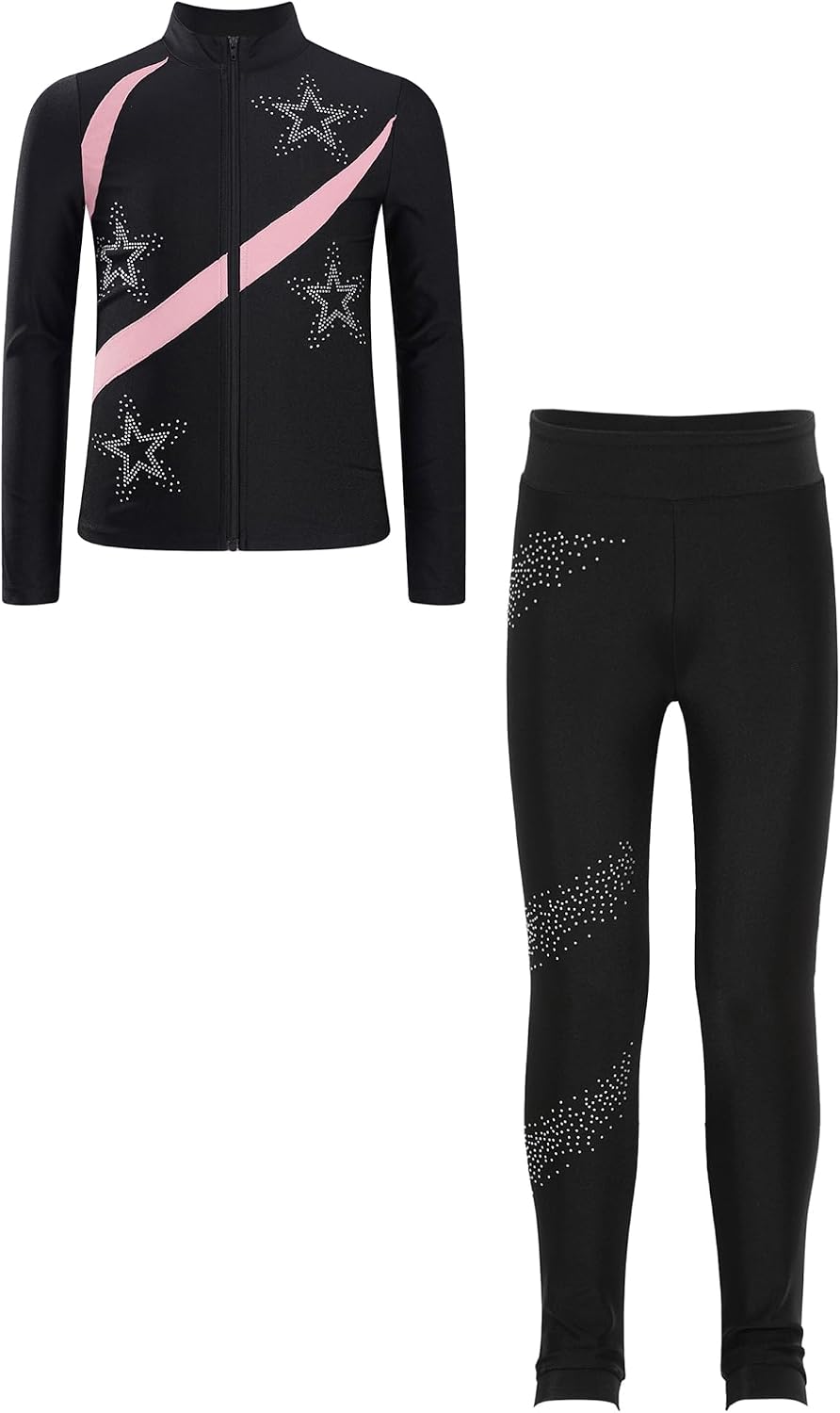 ACSUSS Kids Girls Sparkly 2 Piece Skating Set Long Sleeve Zipper Figure Ice Skating Jacket with Leggings Pants