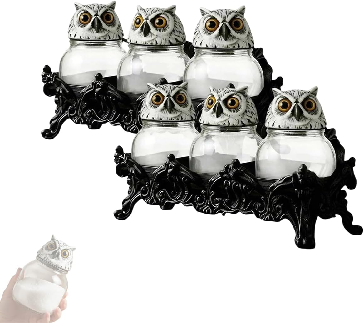 Witchy Owl Spice Jars Set, Vintage Gothic Style Owl Lids Glass Storage Jars With Base, Creative Kitchen Decorative Storage Jars For Spice & Tea, Unique Gift For Gothic Lovers (2)