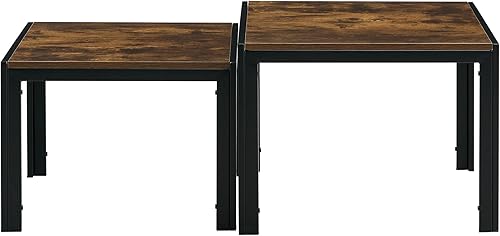 Miniatura 7 de Juego de 2 mesas de centro anidadas mesa cuadrada moderna apilable con acabado de madera para sala de estar marrón rústico