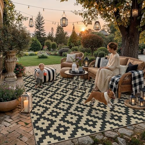8x10 Indoor Outdoor Area Rug Washable Patio Rug Black Non Slip High Traffic Waterproof Carpet for Living Room Bedroom Camping Porch Backyard Camping R