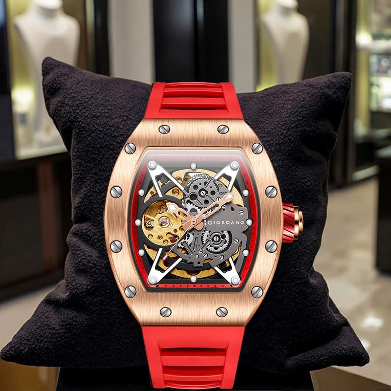 Image of Giordano Automatic Wrist Watch for Men - Open Skeleton Dial | Brushed Steel Case Mechanical Movement with Silicone Strap