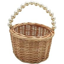 Rustic Wicker Rattan Wedding Flower Girl Baskets,Woven Rattan Storage Basket with Pearl Handles,Woven Eggs Candy Basket for Wedding Home Garden Decor (H1)