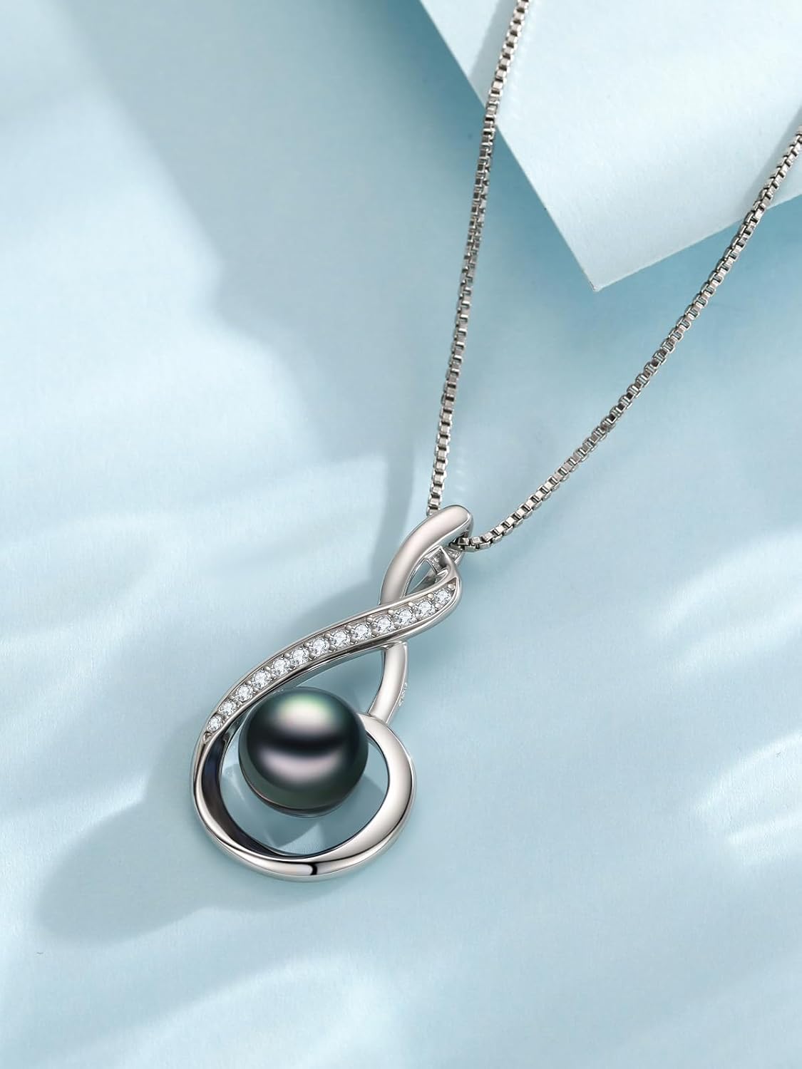 Tahitian Black Pearl 18K White Gold Plated Sterling Silver Heart Pendant Necklace for Women Wife Mom Girlfriend Valentine Jewelry Gift for Mother Day Wedding Anniversary Birthday - Image 4