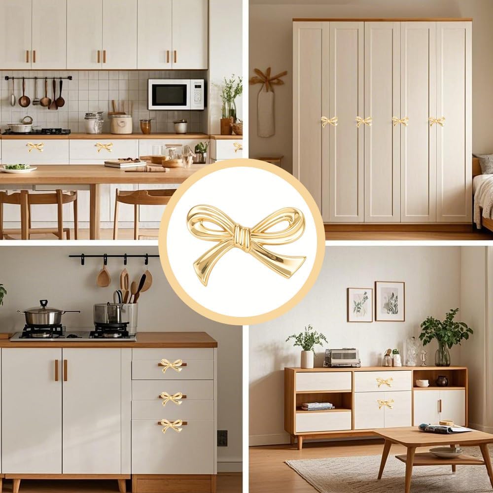 2 PCS Gold Bow Drawer Knobs, Bow Cabinet Knobs with Screws, Decorative Bowknot Drawer Pulls, Vintage Brass Gold Dresser Handles for Home Bedroom Kitchen Furniture Hardware Cupboard Wardrobe