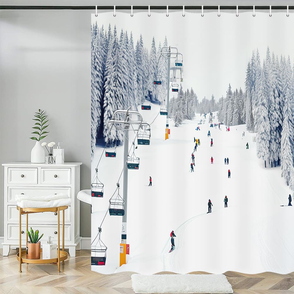 NYMB Sport Shower Curtain, Winter Holiday Travel Snow Mountain Skiing Cable Car, Polyester Fabric Snow Bath Curtain, Christmas Bathroom Shower Curtain Set with Hooks, 69X84in