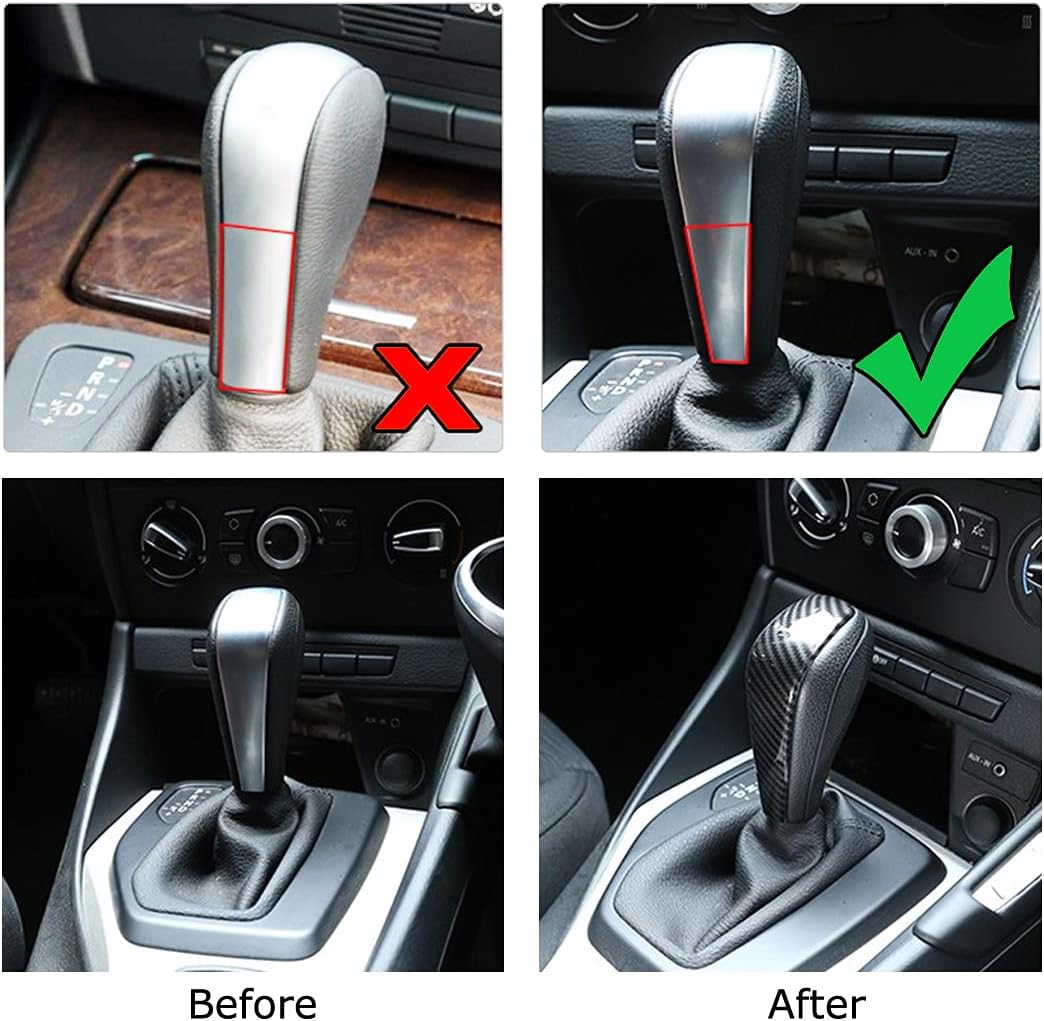 iJDMTOY Glossy Black Carbon Fiber Pattern Shift Knob Cover Shell Compatible with BMW E87 1 Series, E90 E92 3 Series E84 X1 Automatic Shifter