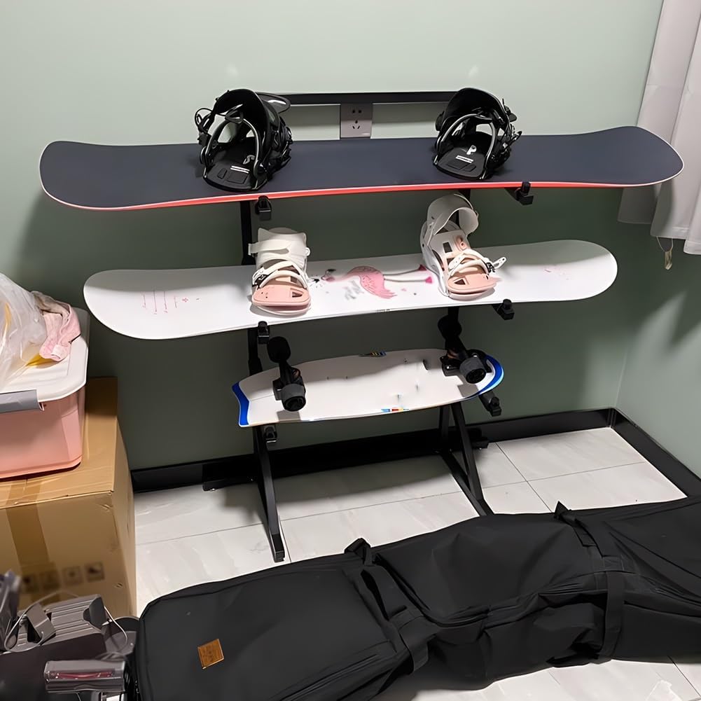 GRRICEPL 3-Tiers Metal Snowboard Storage Rack, Standing for Skis/Skateboards/Scooter, Home Gym Organize Holder, Floor Display Stand for Garage/Shop