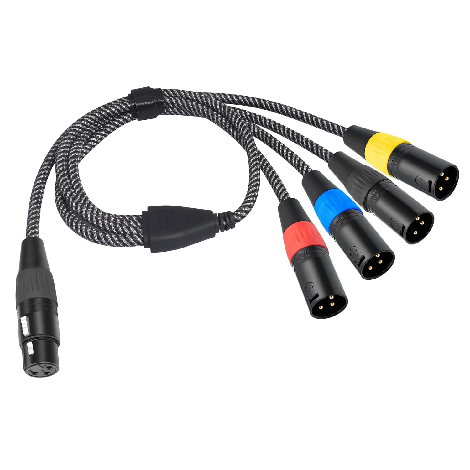2FT(0.6M) XLR Female to 4 Male Splitter Cable - 4-Channel Zinc Alloy Y-Cable, Multiple-Color Anti-Slip Rubber Rings, Braided Shield for Microphone & Mixer Signal Distribution