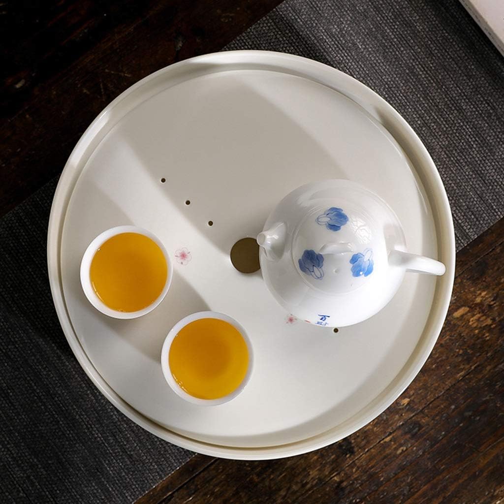 Ceramic Tea Tray Drain Tray Tea sea Simple Round Water Storage Type Household Small Tea Table Tray Saucer Dry Infusion Table (Color : White Size : 25255cm)