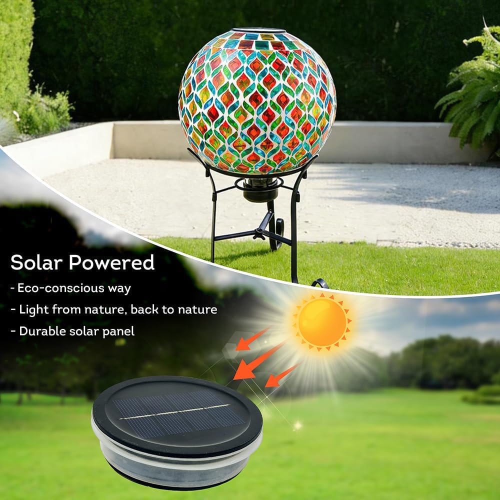 Lily's Home Solar Light Mosaic Gazing Ball Set - 10" Glass Globe with 9" Black Metal Stand - Perfect Garden Gazing Ball for Outdoor/Patio Decor, Weather-Resistant, Gift-Ready