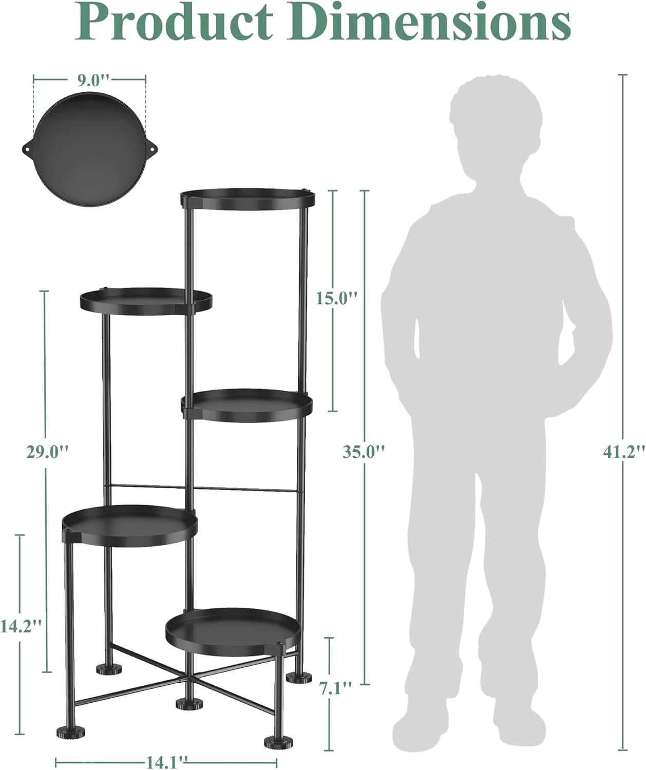 Kitsure Plant Stand Indoor & Outdoor - 5-Tier Plant Shelf with Deep Trays & Leveling Feet, Easy Assembly, Space-Saving Tiered Plant Stand for Bedroom, Living Room, Porch (Black, 14.1" x 14.1" x 35.0")