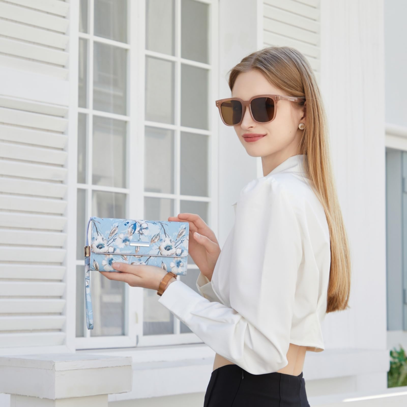 Miss Lulu Portfel damski duży portfel ze sztucznej skóry z 12 przegródkami na karty i kieszonką na monety i okienkiem na zdjęcia ze skóry PU, prezent dla kobiet, niebieski, jeden rozmiar