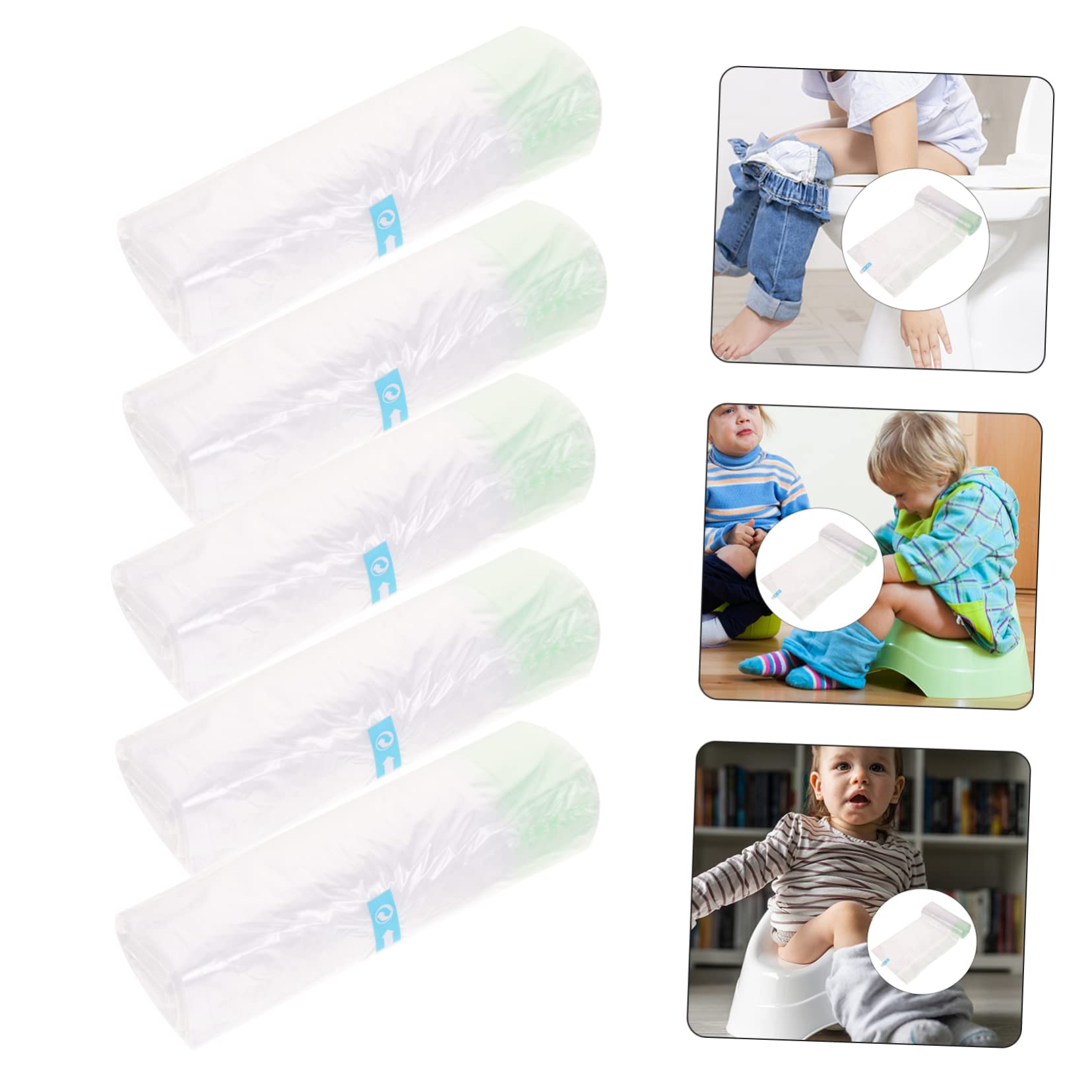 KOMBIUDA Emergency Urinal Bag Set 5 Rolls of Drawstring Toilet Cleaning Bag Portable Potty Seat for Toddlers Travel Hospital Pet Use