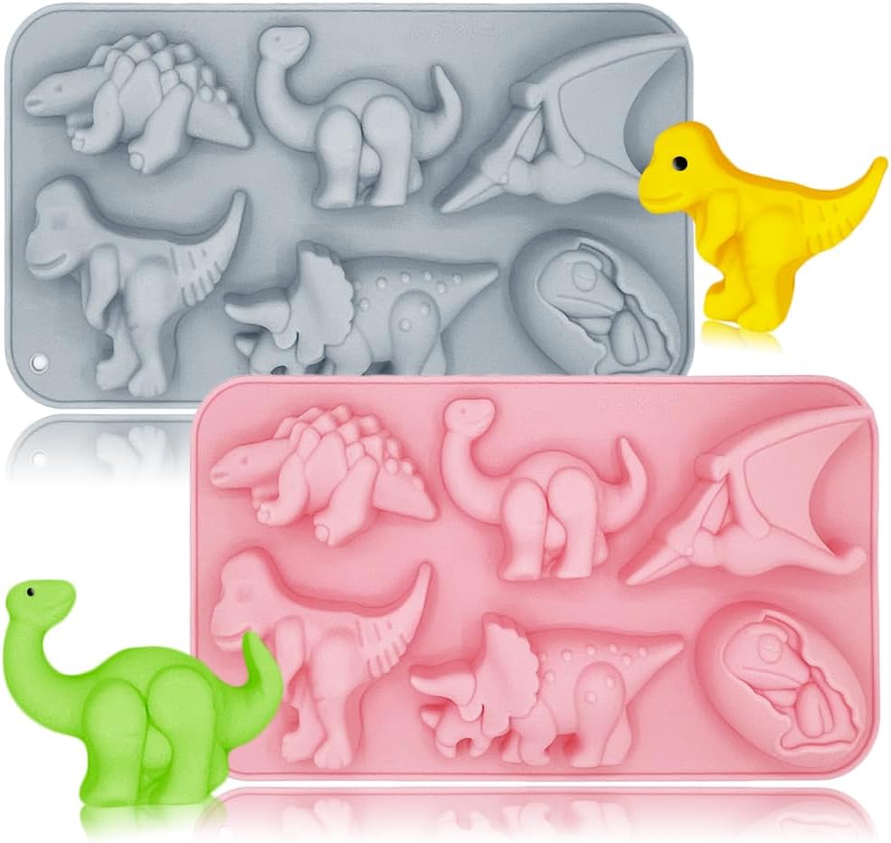 Paquete de 2 moldes de dinosaurio de silicona con 6 cavidades 3D con temática de dinosaurios para hornear, herramienta de hornear para niños,