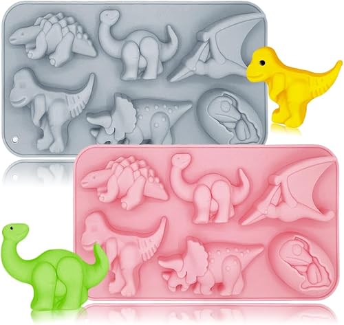 Paquete de 2 moldes de dinosaurio de silicona con 6 cavidades 3D con temática de dinosaurios para hornear, herramienta de hornear para niños,
