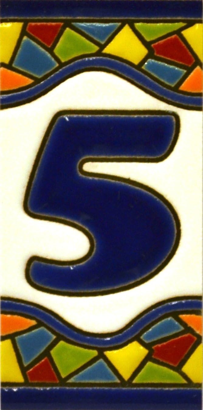 ART ESCUDELLERS House Number Tile, Ceramic, Traditional Spanish Mosaic Style, Number Five '5'