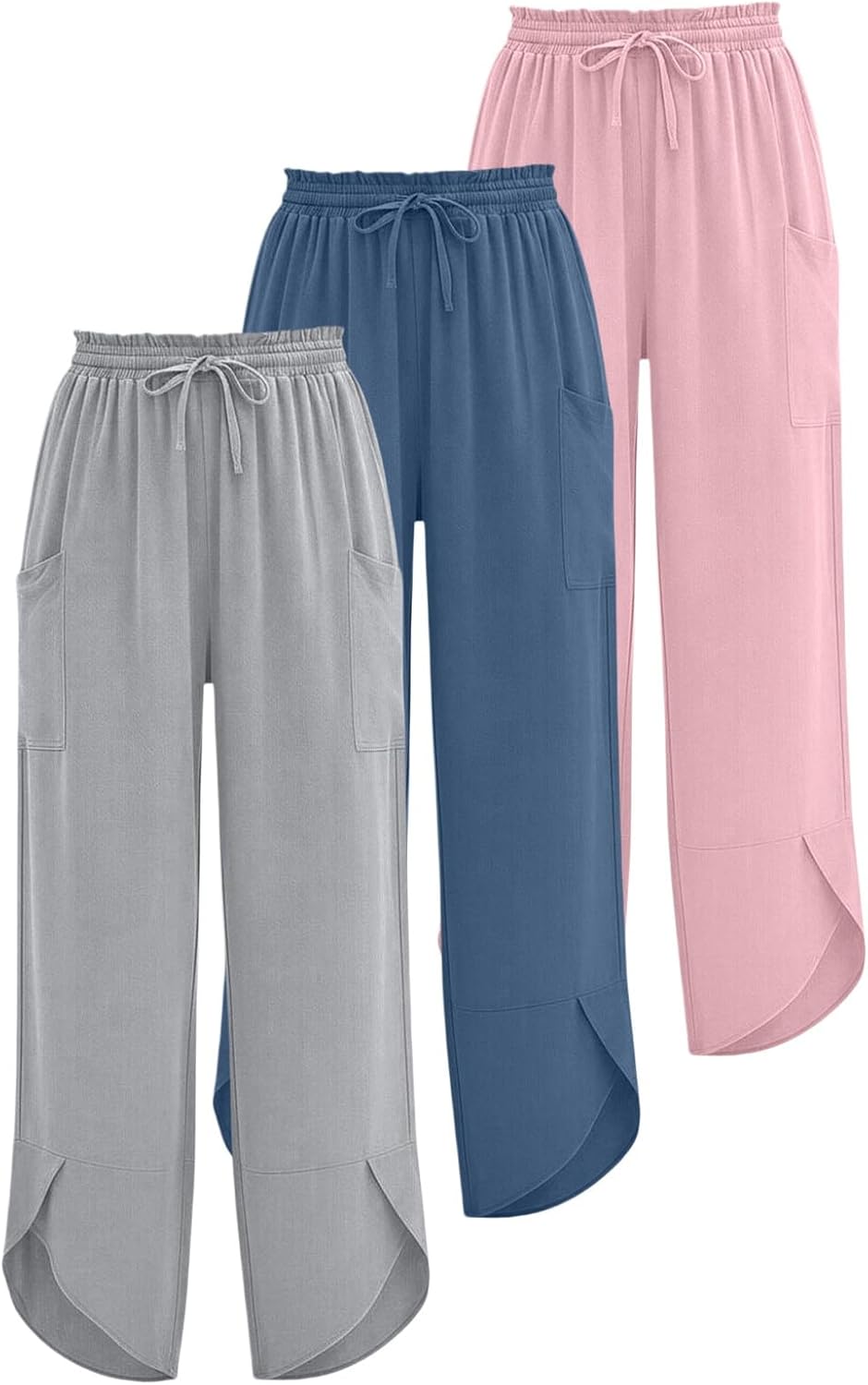 Girls Linen Pants Wide Leg Palazzo Capri Barrel Harem Pants Casual Ruffled Paperbag Waisted Drawstring Gauze Trousers 3 Pack