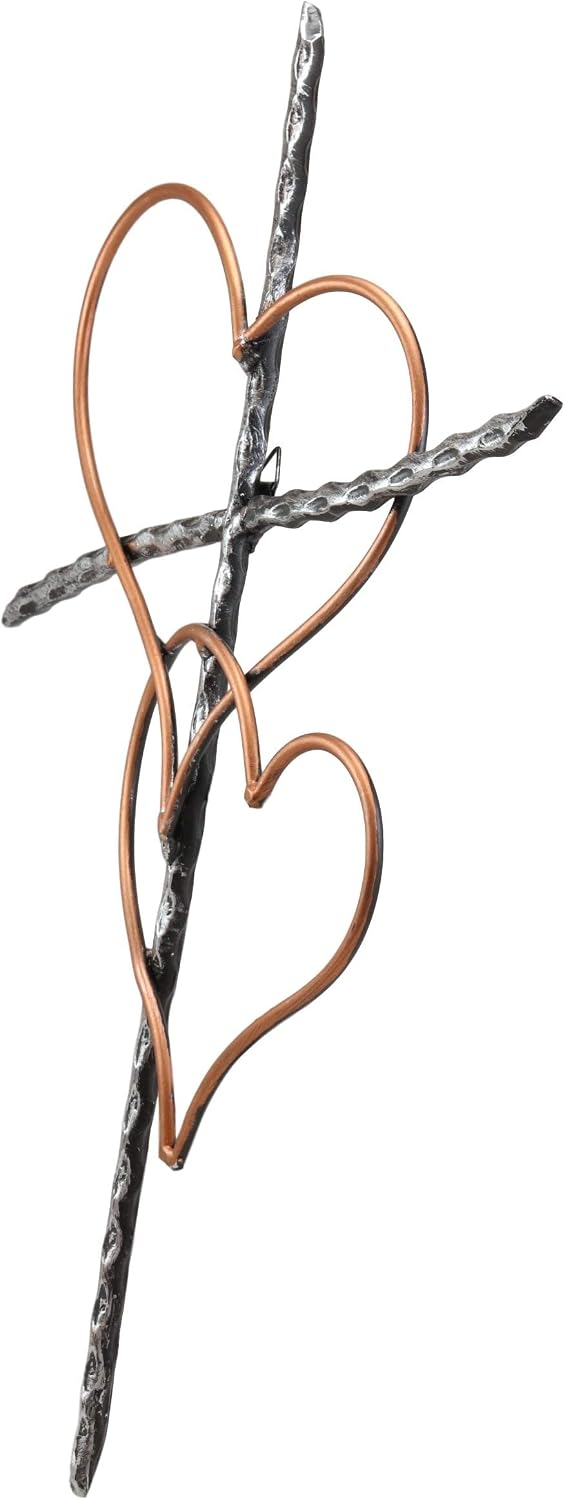 Ebros Metal Silver Rope Wire Sticks And 2 Golden Hearts Of Love Wall Hanging Cross Decor Plaque Vintage Art Sculpture 19.75" Tall Catholic Christian Accent Decorative Crosses