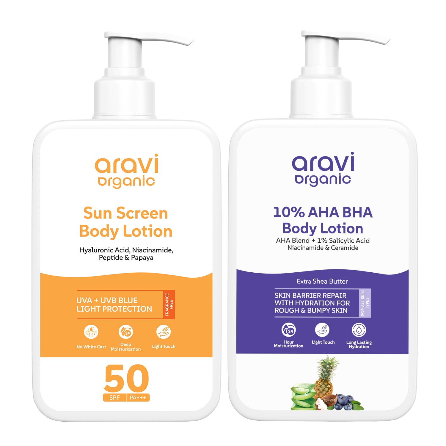 Aravi Organic De-Tan Body Lotion Combo | AHA BHA Body Lotion for Skin Renewal & SPF 50 PA++++ Sunscreen for Tan Protection | Hydrating & Brightening Formula | For Men & Women | 200ml