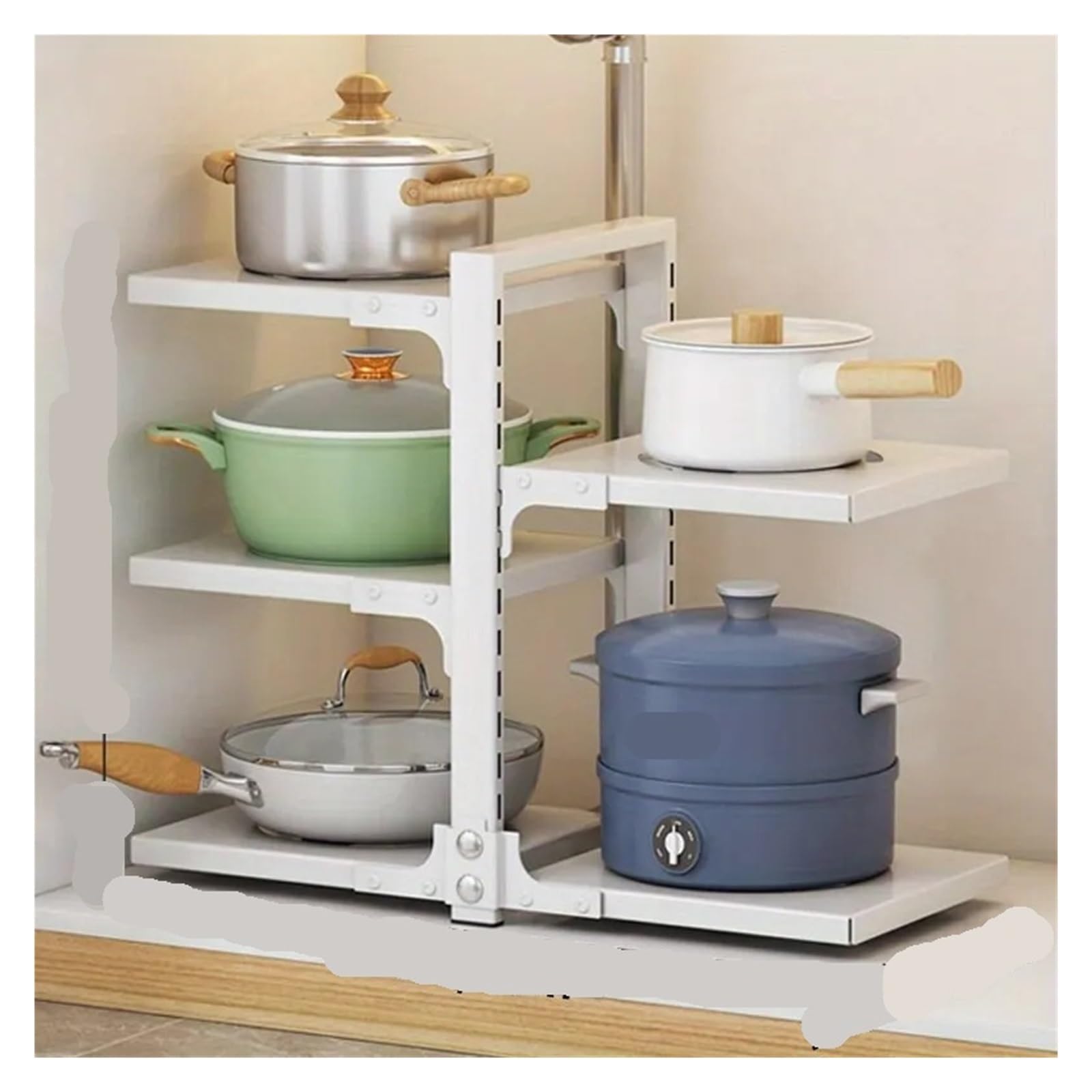 YXINAER Pots and Pans Organizer 5 Tier Pots Pans Organizer for Under Cabinet Adjustable Rustproof Storage for Big Stockpots Castiron Heavy Cookware(White)
