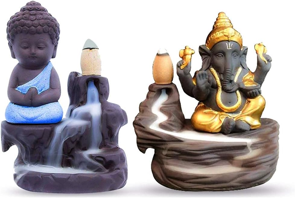 STARDOM MART Buddha Ganesha Combo, Smoke Fountain Backflow Waterfall Cone Incense Holder Showpiece Statue with 50 Back Flow Incense Cones (SkyBlue & Gold)(Resin, Conical)