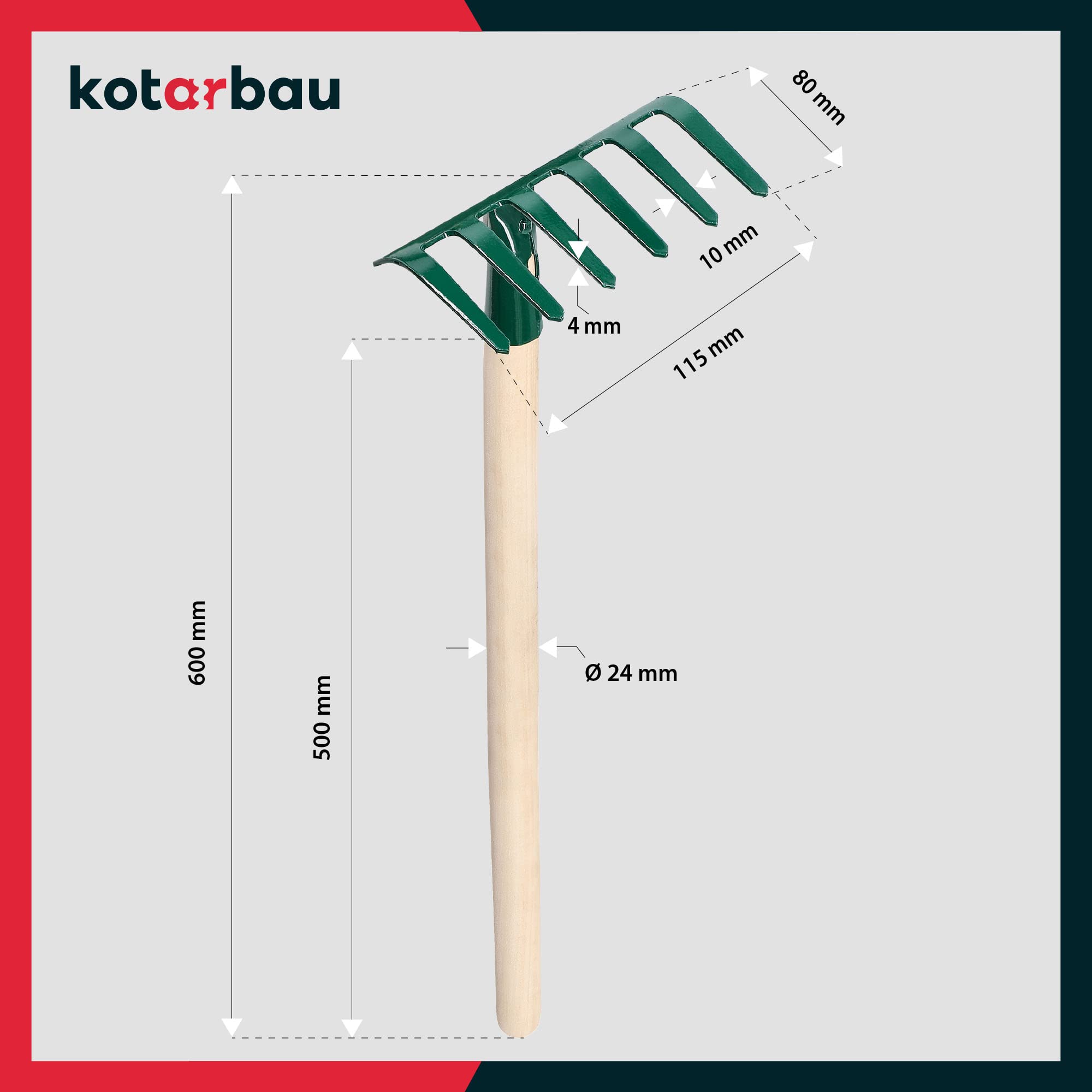 KOTARBAU® Grabki Metalowe - 11,5 cm - Grabie do Rabat - Grabki Ogrodowe - 6 Zębów - Zielone - Drewniany Trzonek - 60 cm