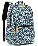 Leaper Water-resistant Floral Laptop Backpack Travel Bag Bookbags Satchel (Dark Blue-White Flower2)