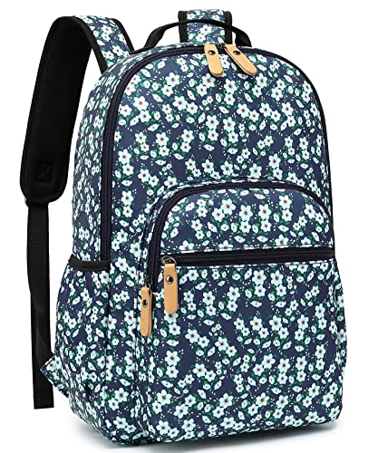 Leaper Water-resistant Floral Laptop Backpack Women Travel Bag Bookbags Satchel (Dark Blue-White Flower2) - Main Image