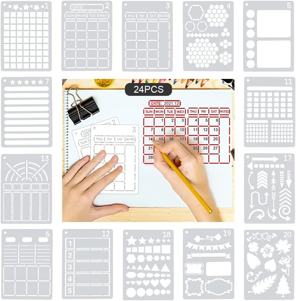 CODIRATO 24 PCS Journal Stencils Bullet Plastic Bullet Stencil Journal Stencils Planner DIY Templates Reusable Painting Stencils Calendar Drawing Craft Templates for Notebook, Diary, Scrapbook