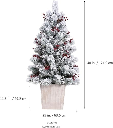 Miniatura 5 de Haute Decor Ashcroft - Árbol de Navidad artificial en maceta de abeto esmerilado preiluminado de 4 pies con 100 luces LED blancas suaves