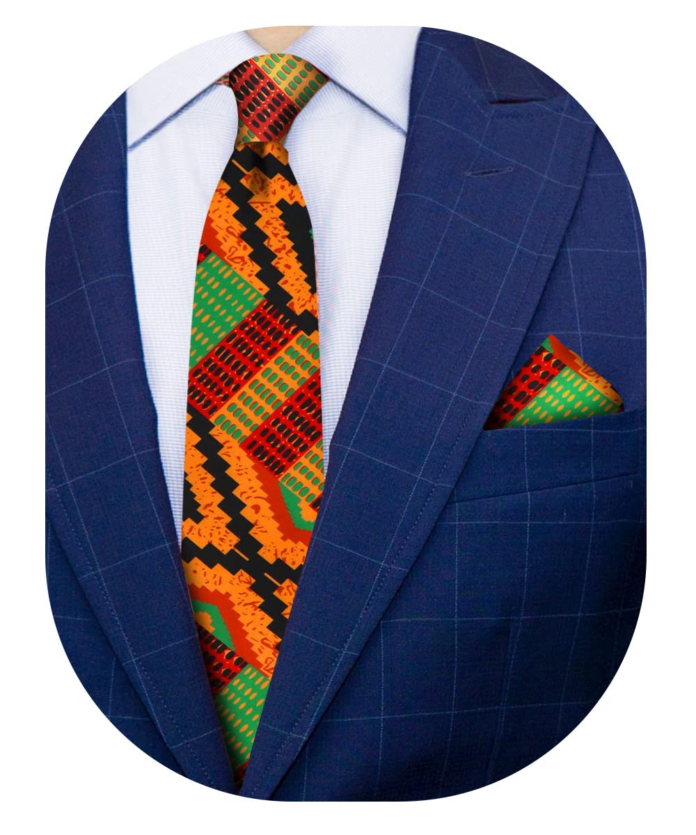 Vittorio Farina Kente Printed Neckties and Pocket Squares Bundle - Men's Fashionable Accessories for Formal Occasions, Kente #2, One size