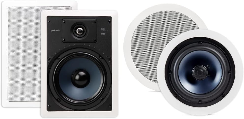 Polk Audio RC85i 2-Way Premium in-Wall 8"-Speakers (Pair) (White, Paintable -Grille) & RC60i 2-Way Premium in-Ceiling 6.5" Round-Speakers (Pair) (White, Paintable Grill)